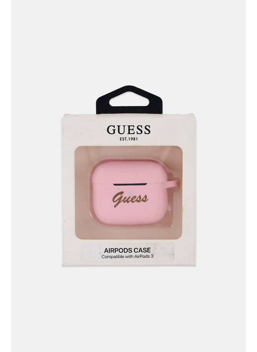 GUESS Brand Logo Airpods 3 Case With Keychain Metal Carabiner, Pink  - Image 1