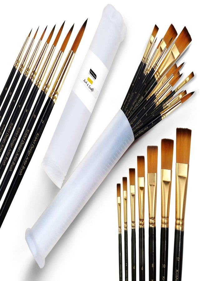 KritArt Design Artist Painting Brush Set, Flat and Round, Synthetic Hair for Water Poster Acrylic Gouache and Oil Colour [Black Wooden Handle Set of 14 Mix Brushes with extendable Container]