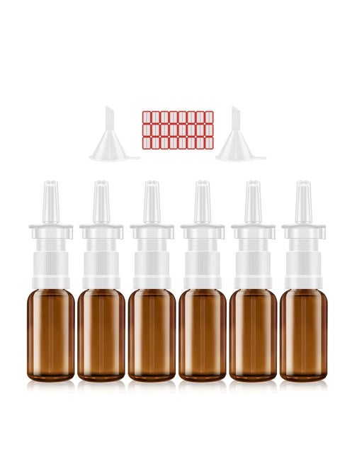 Nasal Spray Bottle, 6 Pcs 30ML/1oz Glass Amber, Refillable Fine Mist Sprayers Atomizers, Small Empty Nasal Sprayer with Funnels and Labels