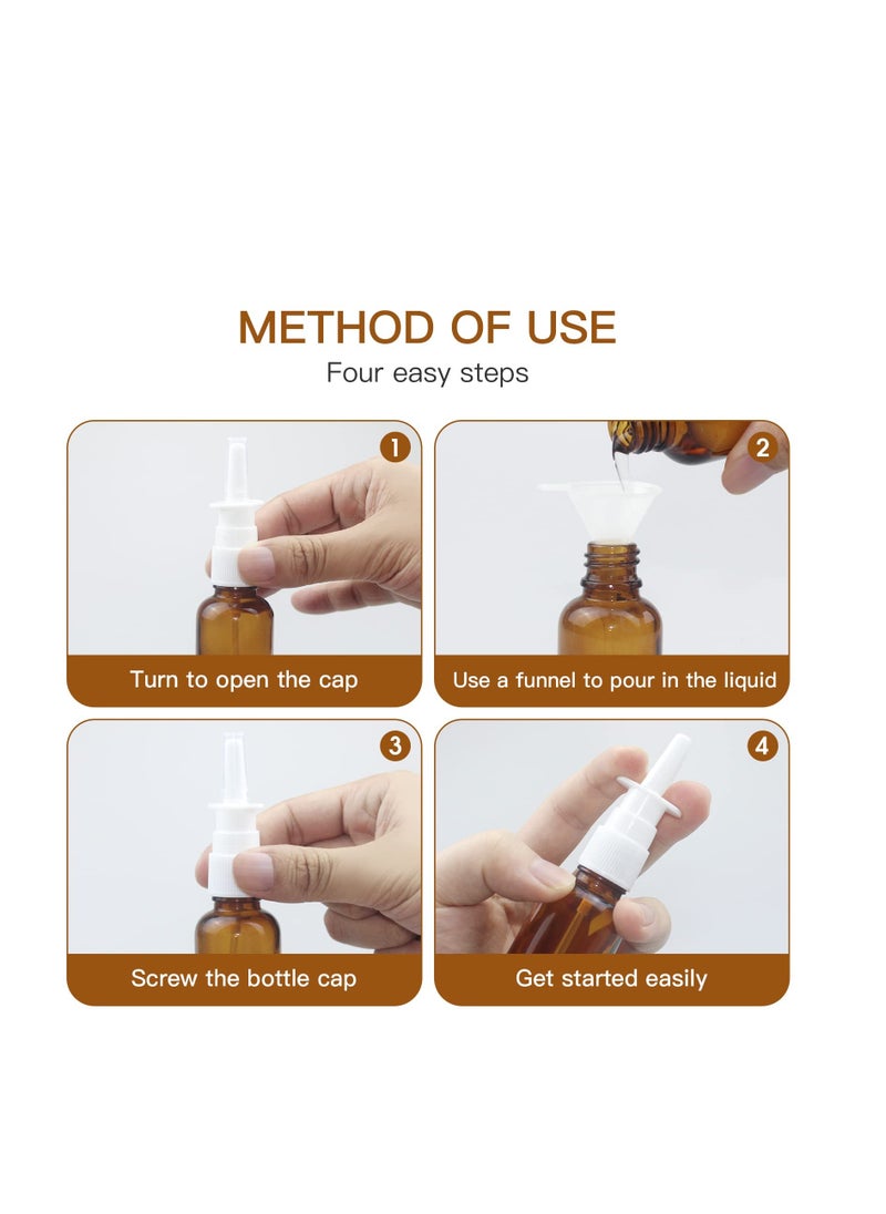 Nasal Spray Bottle, 6 Pcs 30ML/1oz Glass Amber, Refillable Fine Mist Sprayers Atomizers, Small Empty Nasal Sprayer with Funnels and Labels