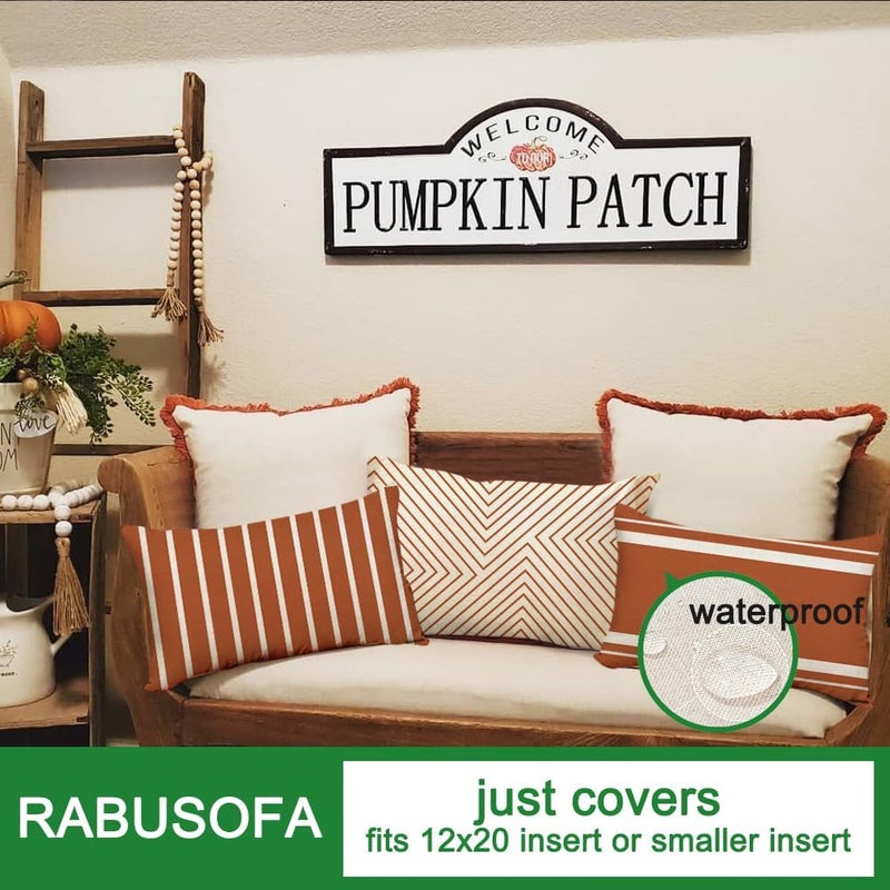 RABUSOFA أغطية وسائد خارجية من رابوسوفا مقاس 12×20 بوصة مقاومة للماء، طقم من 4 قطع من وسائد بوهو باللون الصدئ والبيج لأثاث الفناء، أريكة صنبريلا (2R-12) (صدئ وأبيض، 20×12 بوصة، طقم من 4) - Image 5