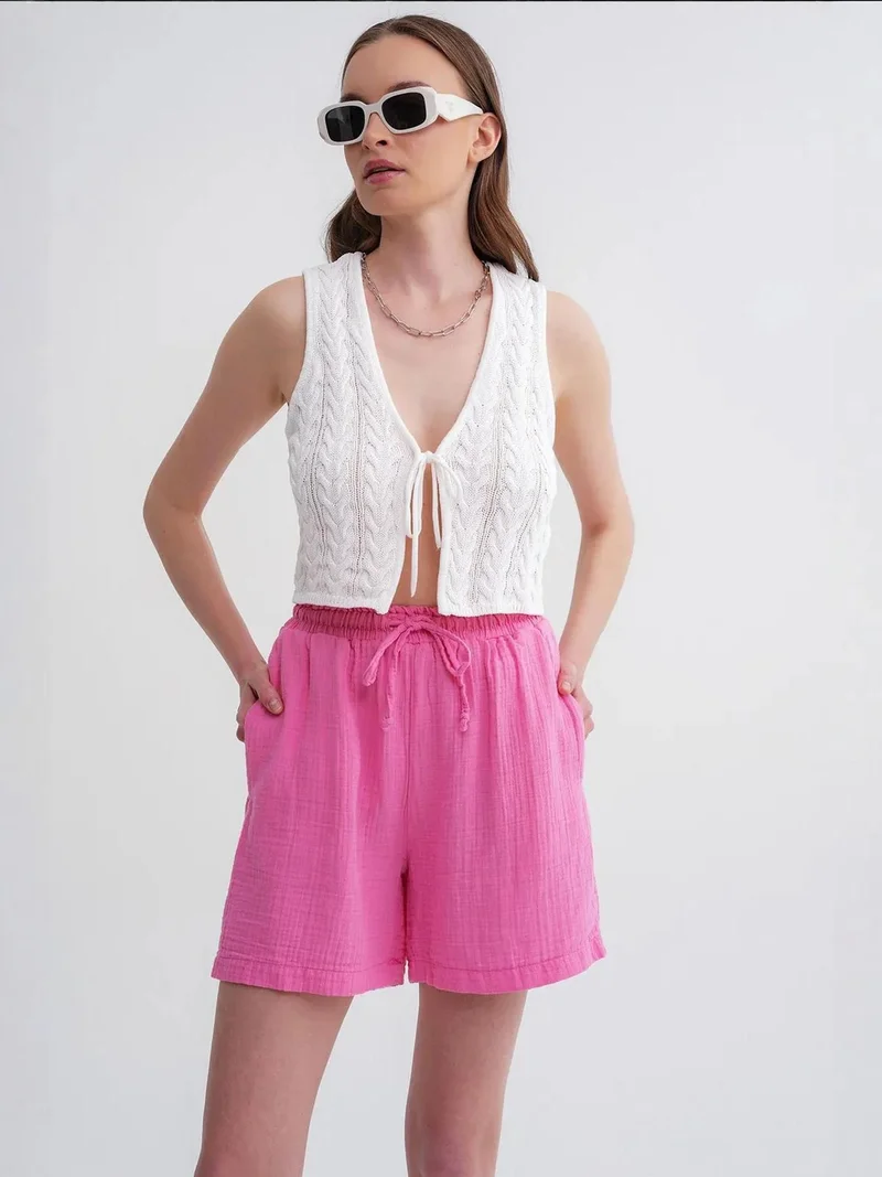 MixRay Powder Pink Mixray High-Waist Textured Wide-Leg Shorts for Women | Best Price UAE