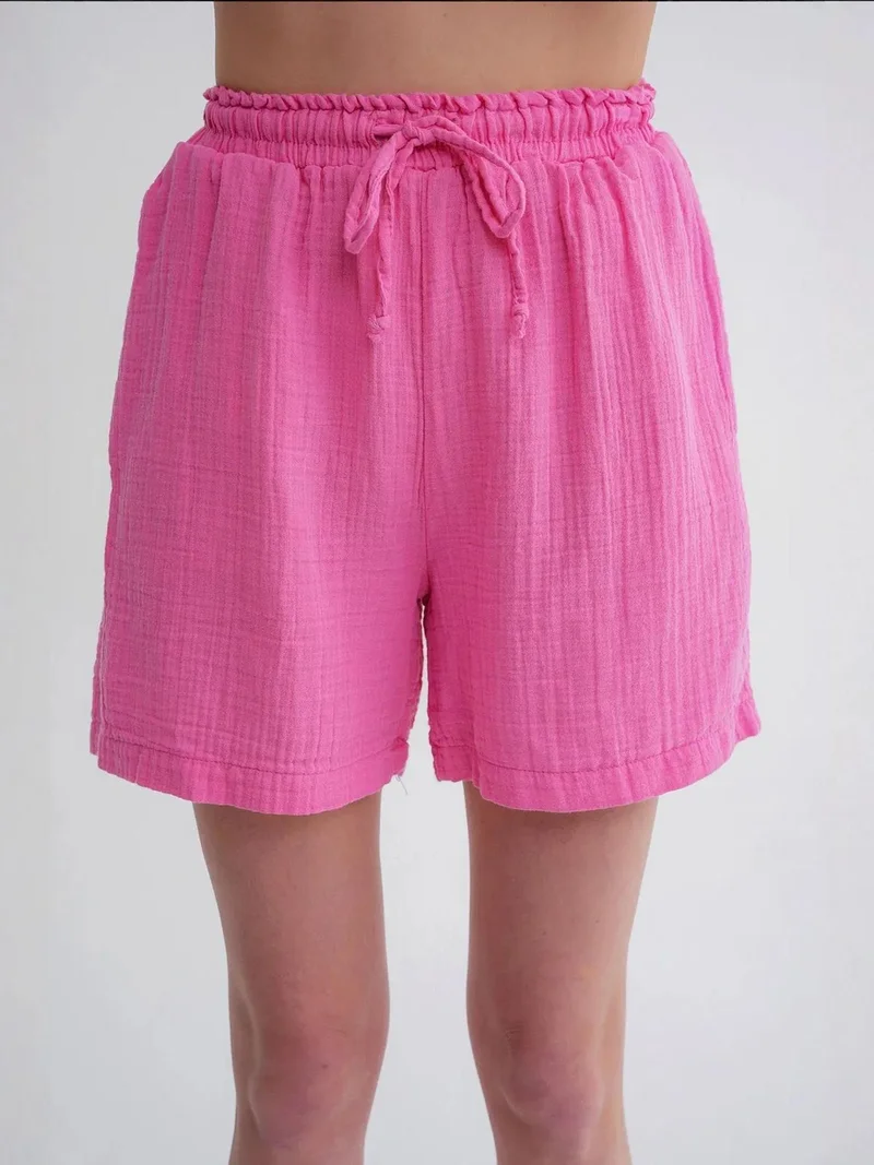 MixRay Powder Pink Mixray High-Waist Textured Wide-Leg Shorts for Women | Best Price UAE
