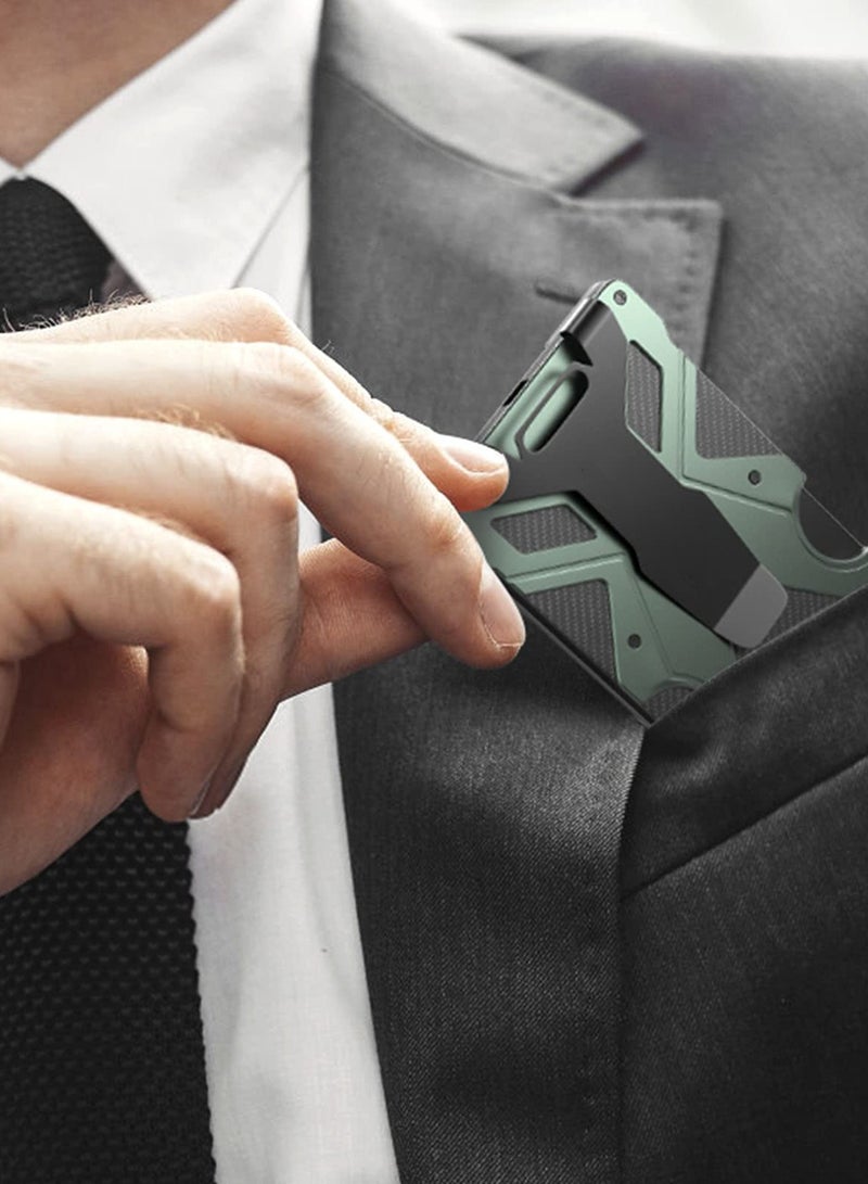 Zikra Minimalist Wallet for Men- Slim Aluminum Metal Money Clip Wallet with Clear ID Card Holder, Carbon Fiber Wallet, RFID Blocking,Holds up 15 Cards with Cash Clip,Ultra-Thin Tactical Wallet (Green) - Image 2