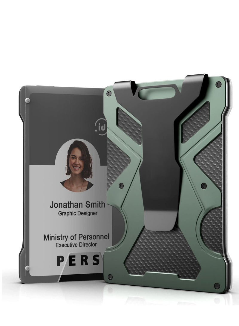 Zikra Minimalist Wallet for Men- Slim Aluminum Metal Money Clip Wallet with Clear ID Card Holder, Carbon Fiber Wallet, RFID Blocking,Holds up 15 Cards with Cash Clip,Ultra-Thin Tactical Wallet (Green) - Image 1