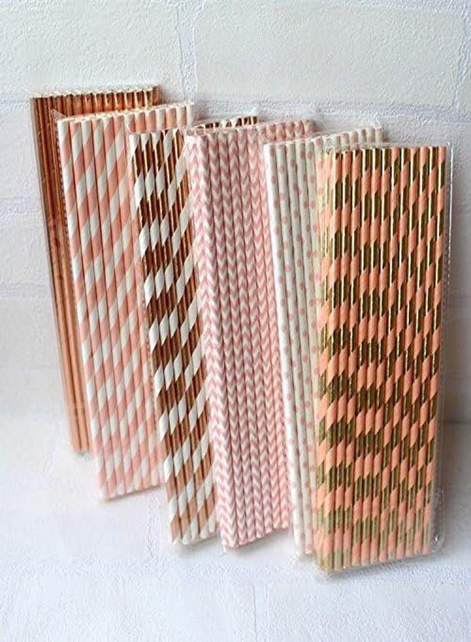 IPALMAY 150 Pieces Rose Gold and Pink Biodegradable Drinking Paper Straws, Striped Polka Dot Chevron, 7.75 Inches - Image 4