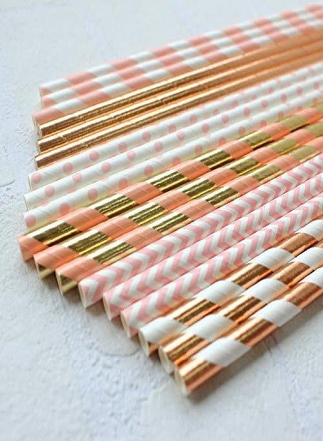 IPALMAY 150 Pieces Rose Gold and Pink Biodegradable Drinking Paper Straws, Striped Polka Dot Chevron, 7.75 Inches - Image 5