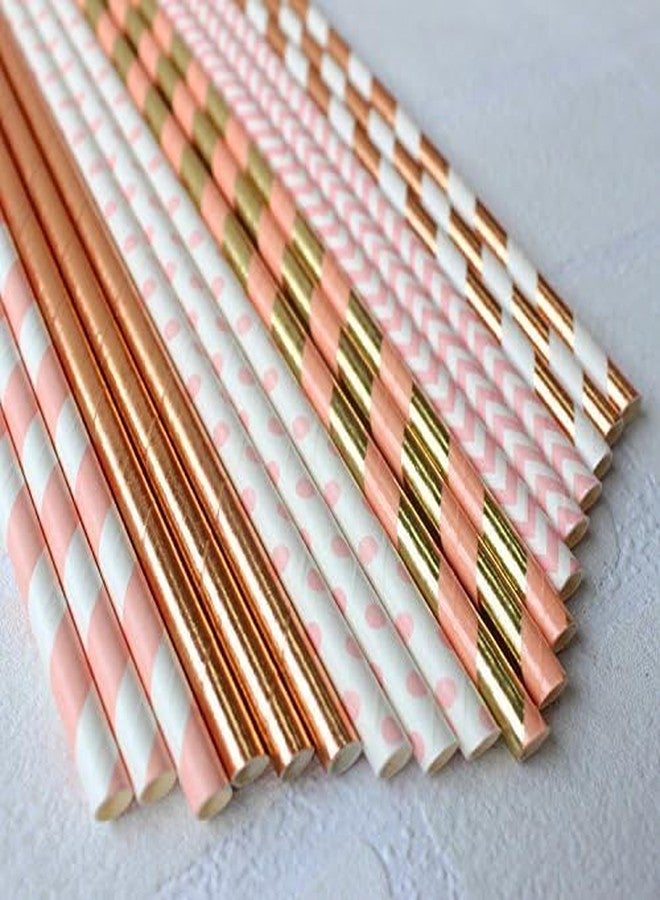 IPALMAY 150 Pieces Rose Gold and Pink Biodegradable Drinking Paper Straws, Striped Polka Dot Chevron, 7.75 Inches - Image 3