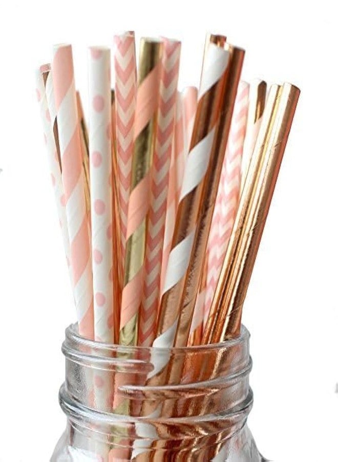 IPALMAY 150 Pieces Rose Gold and Pink Biodegradable Drinking Paper Straws, Striped Polka Dot Chevron, 7.75 Inches - Image 1