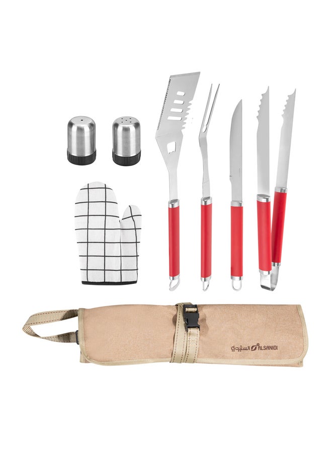 AL SANIDI 7-piece grill tool set, BBQ Tools Set, Woody, Size50*16*6Cm - Image 4