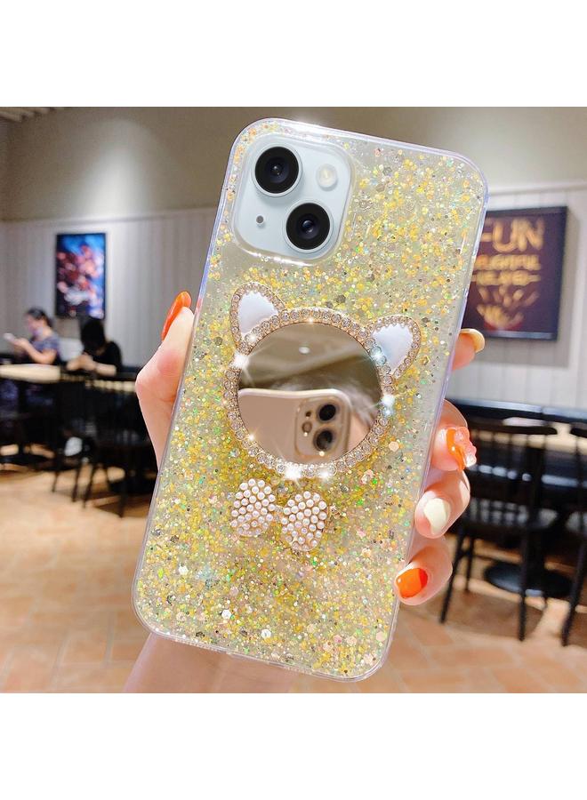 اس-توب جراب لهاتف iPhone 15 Plus مرصع بالترتر والألماس بأذني قطة ومرآة من مادة الإيبوكسي TPU - Image 1