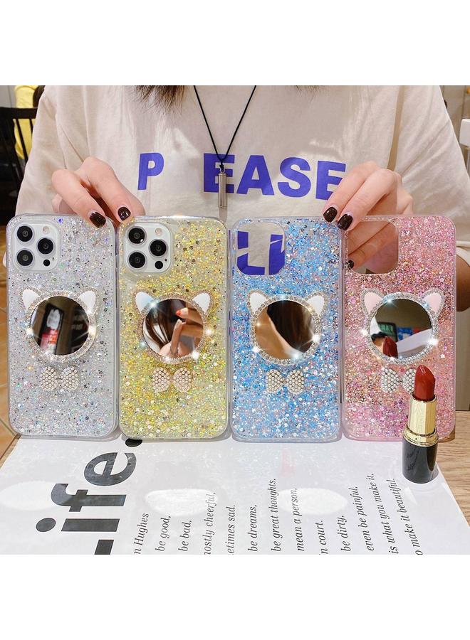 اس-توب جراب لهاتف iPhone 15 Plus مرصع بالترتر والألماس بأذني قطة ومرآة من مادة الإيبوكسي TPU - Image 2