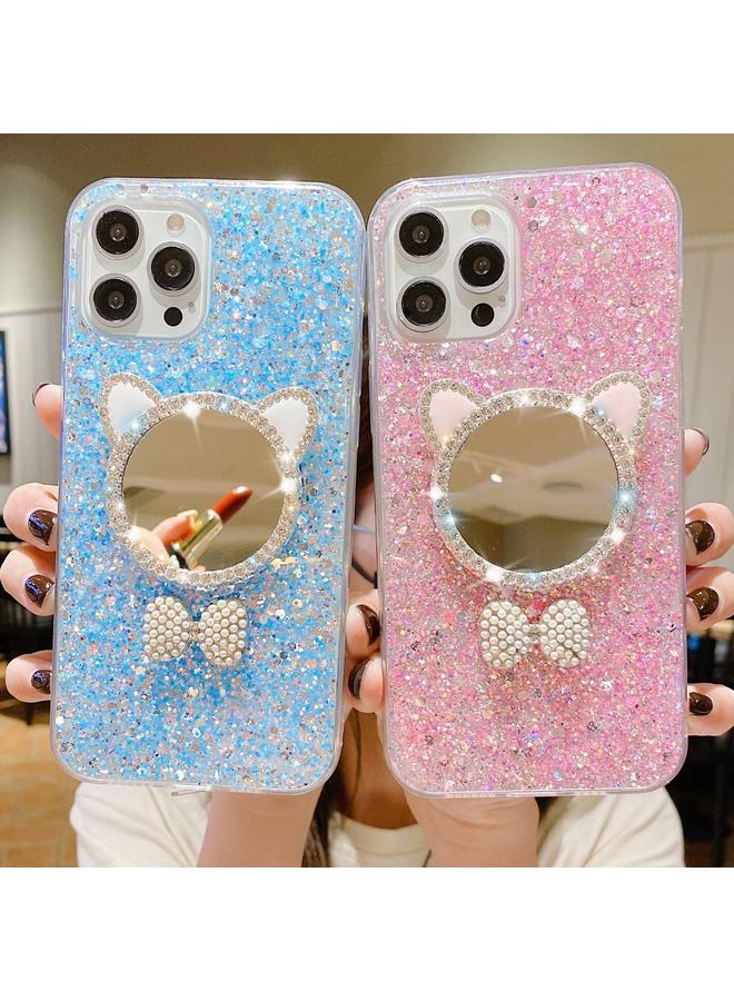 اس-توب جراب لهاتف iPhone 15 Plus مرصع بالترتر والألماس بأذني قطة ومرآة من مادة الإيبوكسي TPU - Image 3