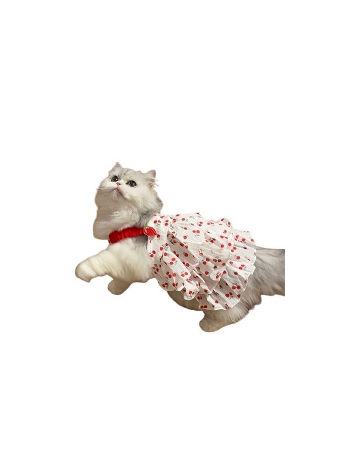 A.M Cherry Frill One Piece Cat Or Dog Clothes. Cat wear Cherries Design. Random Style Hair Clip Included - Image 1