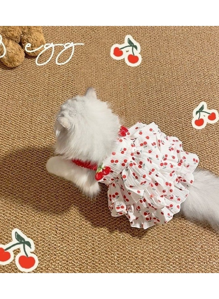 A.M Cherry Frill One Piece Cat Or Dog Clothes. Cat wear Cherries Design. Random Style Hair Clip Included - Image 2