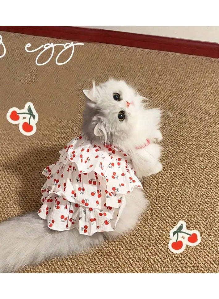 A.M Cherry Frill One Piece Cat Or Dog Clothes. Cat wear Cherries Design. Random Style Hair Clip Included - Image 4