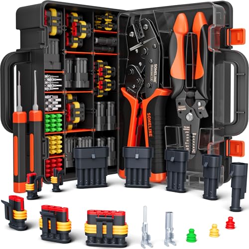 SOMELINE Crimping Tool Kit, Waterproof Automotive Electrical Connectors (1/2/3/4/5 Pin), 22–14 AWG Ratchet Crimper & Terminal Removal Tools for Car/Motorcycle/Boat - Image 1