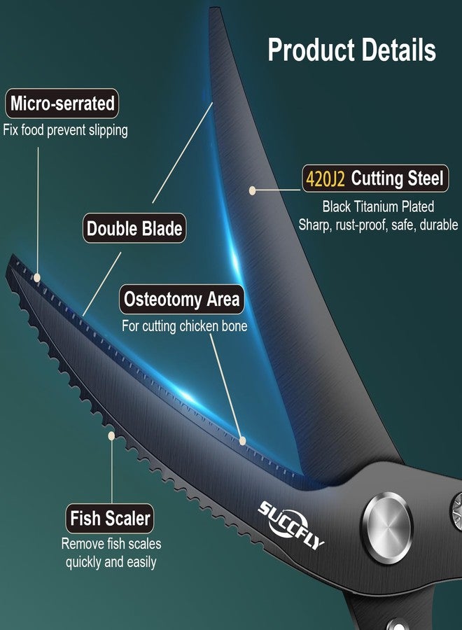 SUCCFLY Kitchen Shears Heavy Duty, Premium Kitchen Scissors Stainless Steel, 8.8" Poultry Shears Ultra Sharp for Bone Chicken Meat, Food Scissors Anti-Slip Handle, Black Titanium Plated, Spring Loaded - Image 3