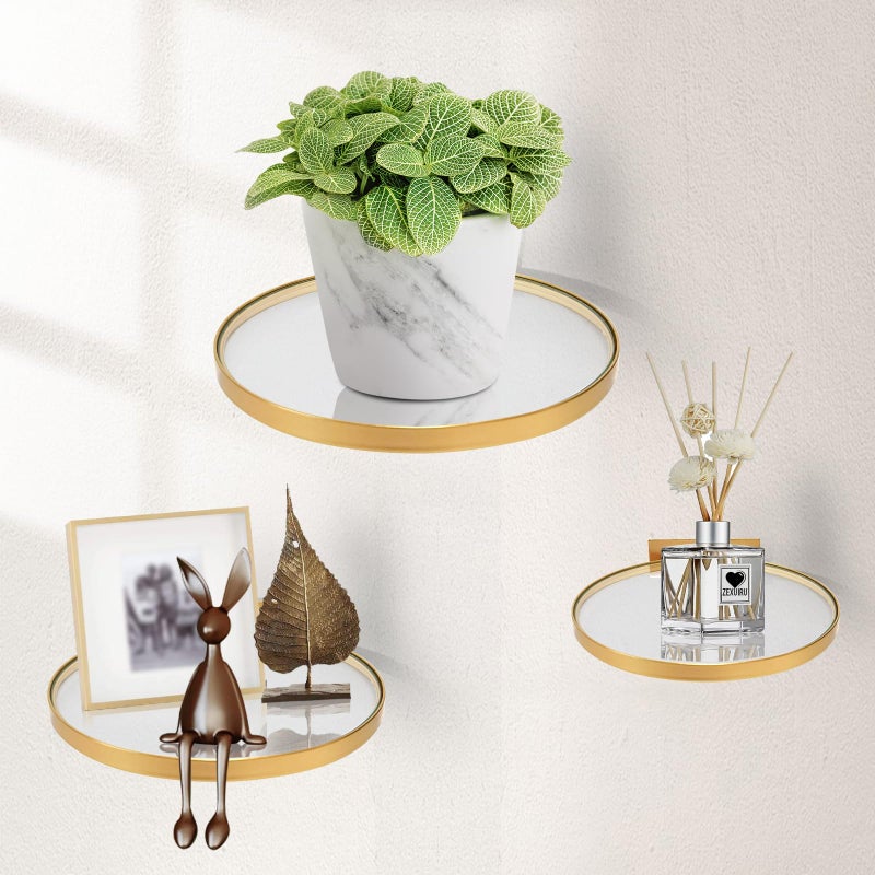 ZEXUIRU 3 Set Metal Glass Shelf for Wall Decor Bathroom Living Room Bedroom Kitchen Metal MixedSize Decorative Glass Floating WallMounted Tempered Shelf Rack Holder Gold 78in59in39in - Image 2