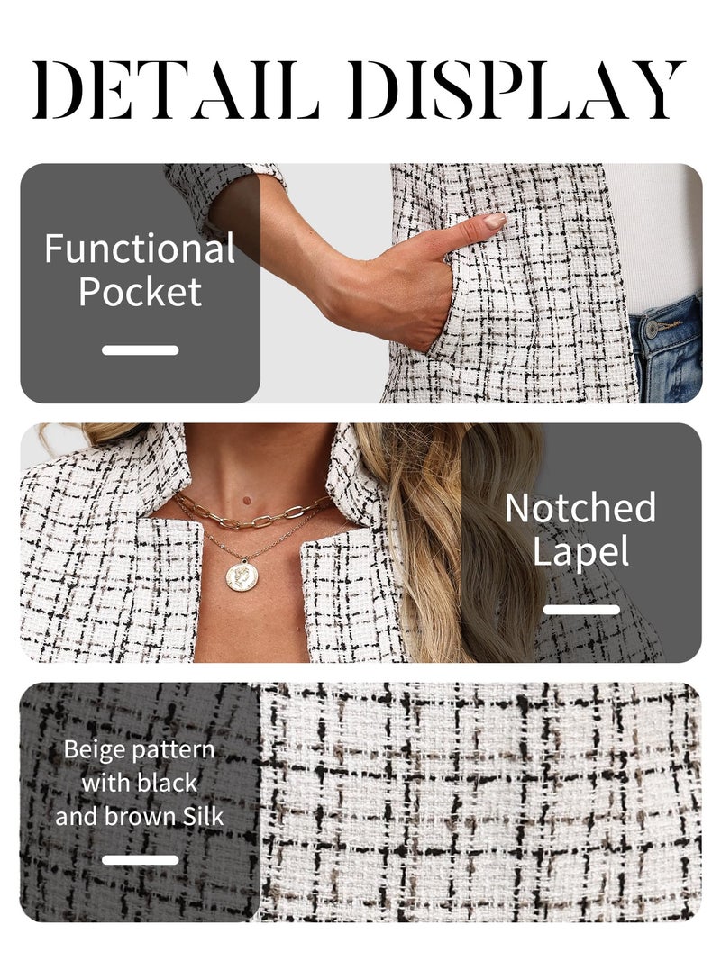 ELLEVEN Womens Blazer Business Casual Suit Jacket Tweed Blazers for Women Slim Fit Fitted Long Sleeve Stand Collar Blazer Dressy Full Lining Coat Cardigan with Padded Shoulder Beige Large - Image 5