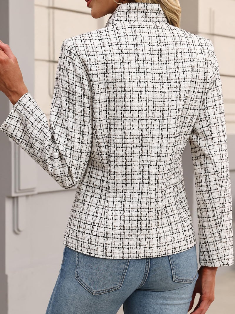 ELLEVEN Womens Blazer Business Casual Suit Jacket Tweed Blazers for Women Slim Fit Fitted Long Sleeve Stand Collar Blazer Dressy Full Lining Coat Cardigan with Padded Shoulder Beige Large - Image 2