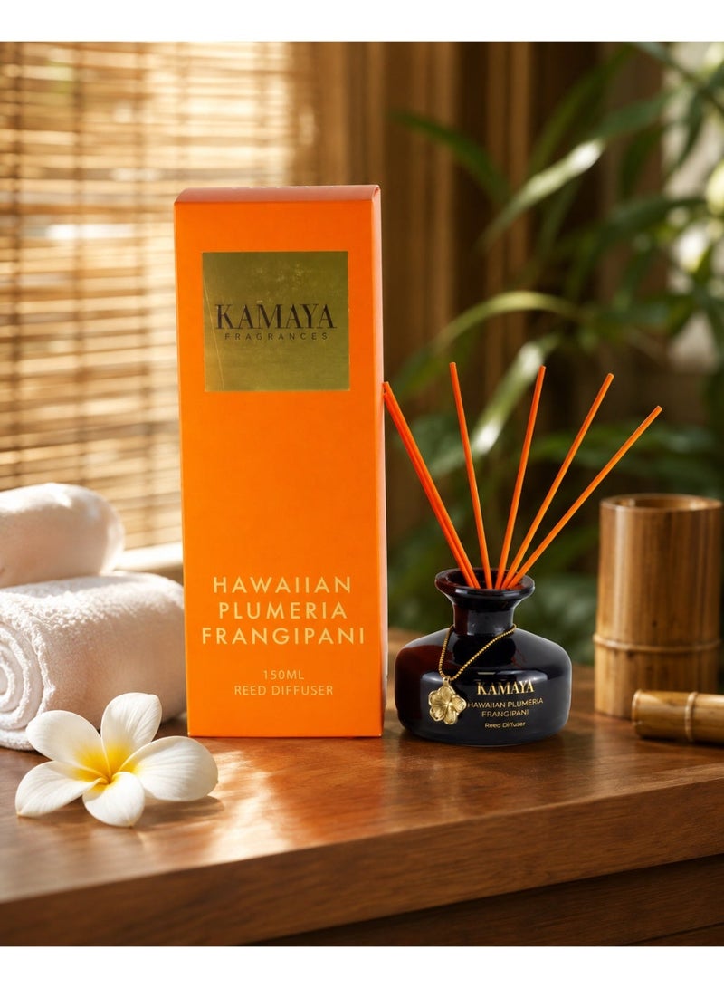 KAMAYA Blossom Caboodle Collection Hawaiian Plumeria 150 ml Reed diffuser in black jar, with a handmade metal decorative pendant | Long lasting fragrance, Frangipani fragrance with two sets of reeds | in bright decorative gift box for occasions - Image 1