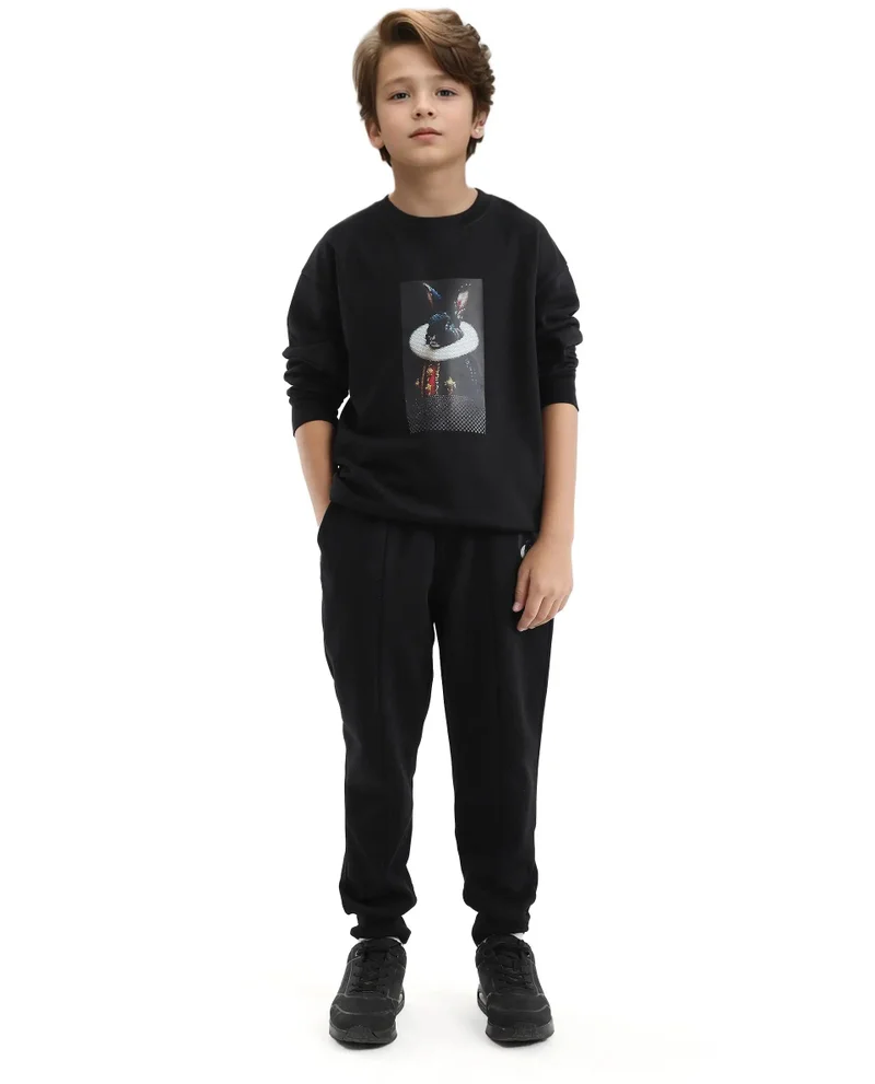 رير ونز Rare Ones Kids Rib Black Cotton Cmyk Print Trackpant
