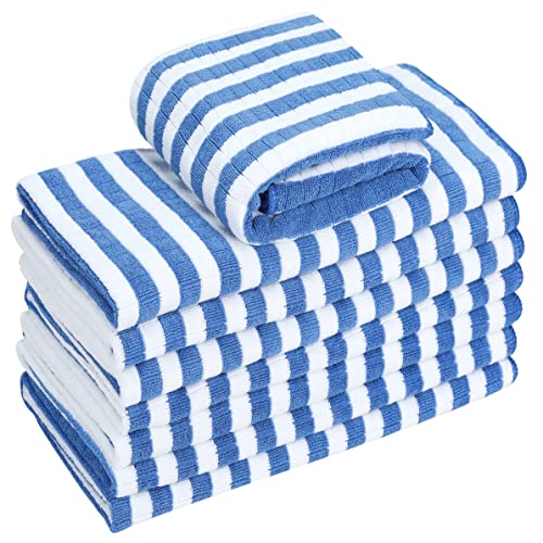 gryeer 8 Pack Microfibre Tea Towels Super Absorbent Soft and Thick Kitchen Towels Check designed with Hanging Loops 65 x 45 cm Blue