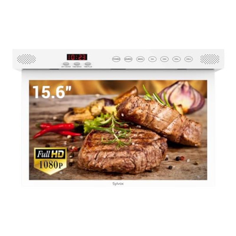 15.6 Inch Smart TV for Kitchen, 1080P Under Cabinet TVs, RotatableFoldable Space-Saving, 12V DCAC Powered, Built-in Timer, Google Assistant, Flip Down TV for Kitchen, Bedroom, Caravan White - Image 1