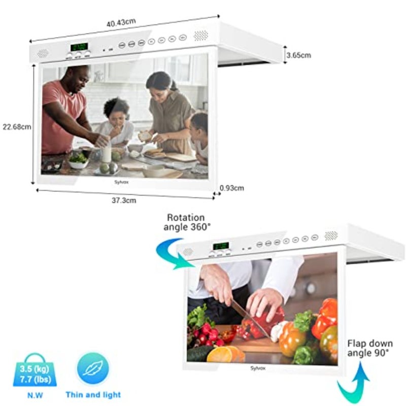 15.6 Inch Smart TV for Kitchen, 1080P Under Cabinet TVs, RotatableFoldable Space-Saving, 12V DCAC Powered, Built-in Timer, Google Assistant, Flip Down TV for Kitchen, Bedroom, Caravan White - Image 2