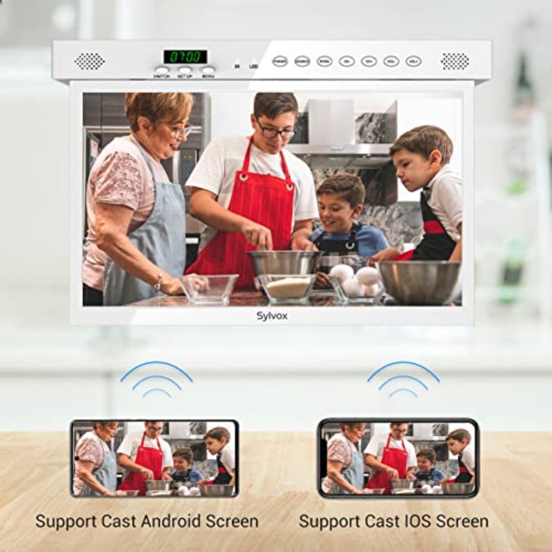 15.6 Inch Smart TV for Kitchen, 1080P Under Cabinet TVs, RotatableFoldable Space-Saving, 12V DCAC Powered, Built-in Timer, Google Assistant, Flip Down TV for Kitchen, Bedroom, Caravan White - Image 3