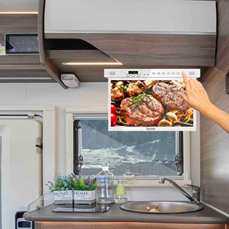 15.6 Inch Smart TV for Kitchen, 1080P Under Cabinet TVs, RotatableFoldable Space-Saving, 12V DCAC Powered, Built-in Timer, Google Assistant, Flip Down TV for Kitchen, Bedroom, Caravan White - Image 4