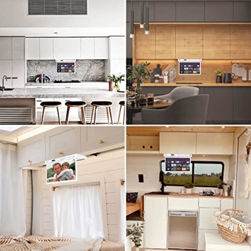 15.6 Inch Smart TV for Kitchen, 1080P Under Cabinet TVs, RotatableFoldable Space-Saving, 12V DCAC Powered, Built-in Timer, Google Assistant, Flip Down TV for Kitchen, Bedroom, Caravan White - Image 5