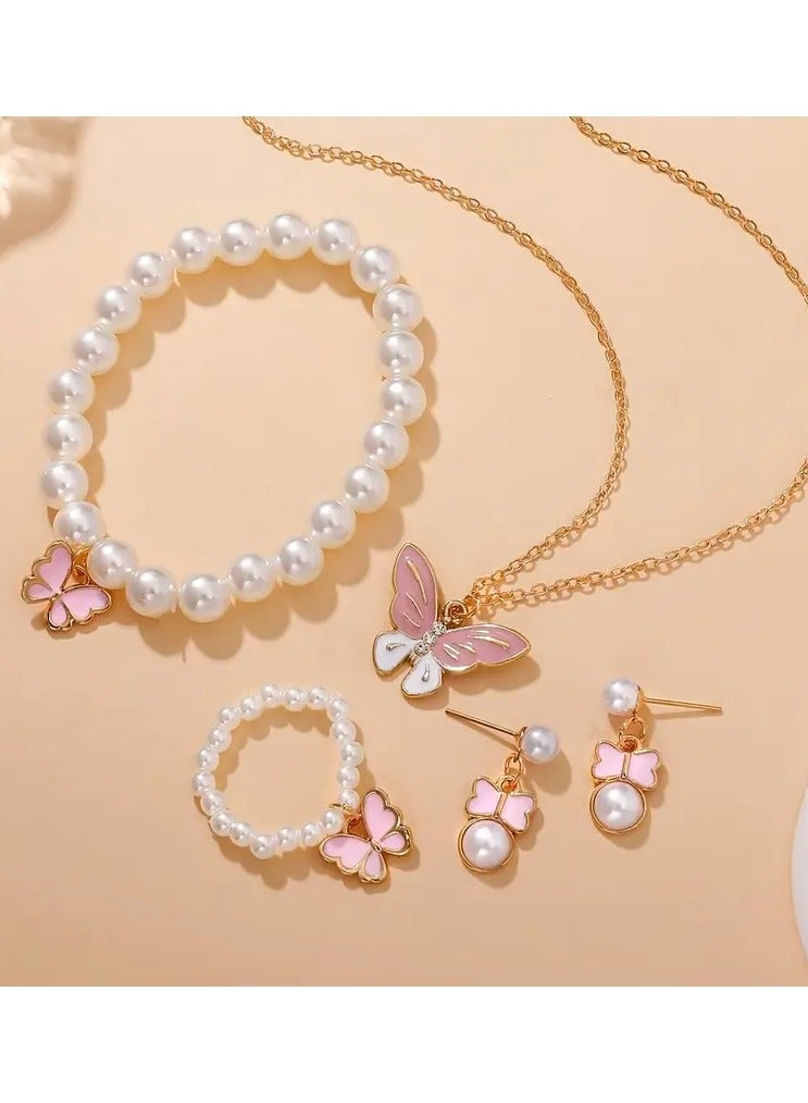 Goolsky مجموعة مجوهرات عصرية من اللؤلؤ على شكل فراشة - قلادة وأقراط وسوار لؤلؤ وخاتم للفتيات، تصميم متناسق من اللؤلؤ والفراشة - Image 5