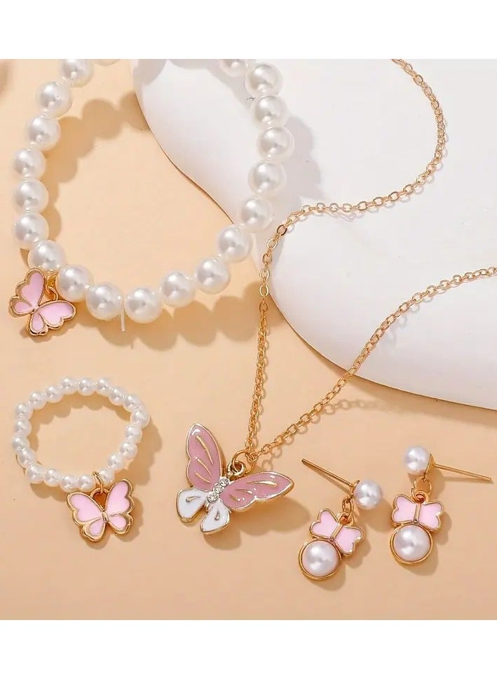 Goolsky مجموعة مجوهرات عصرية من اللؤلؤ على شكل فراشة - قلادة وأقراط وسوار لؤلؤ وخاتم للفتيات، تصميم متناسق من اللؤلؤ والفراشة - Image 4
