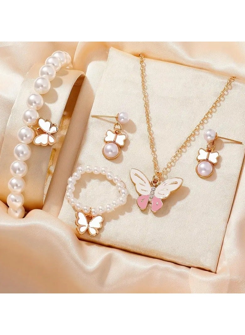 Goolsky مجموعة مجوهرات عصرية من اللؤلؤ على شكل فراشة - قلادة وأقراط وسوار لؤلؤ وخاتم للفتيات، تصميم متناسق من اللؤلؤ والفراشة - Image 2