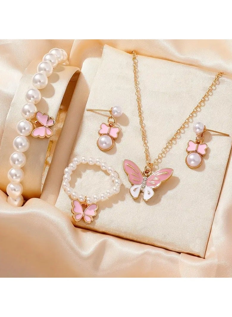 Goolsky مجموعة مجوهرات عصرية من اللؤلؤ على شكل فراشة - قلادة وأقراط وسوار لؤلؤ وخاتم للفتيات، تصميم متناسق من اللؤلؤ والفراشة - Image 1