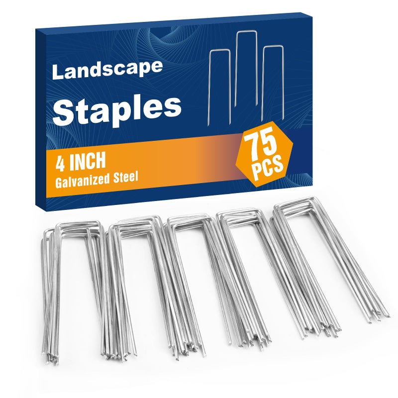 Whonline 75 Pack Landscape Staples 4 Inch, Galvanized Garden Stakes U-Shaped SOD Landscaping Fabric Pins Yard Ground Staples for Gardening Lawn Turf Securing Irrigation Pipe Hose Plant Cover - Image 1