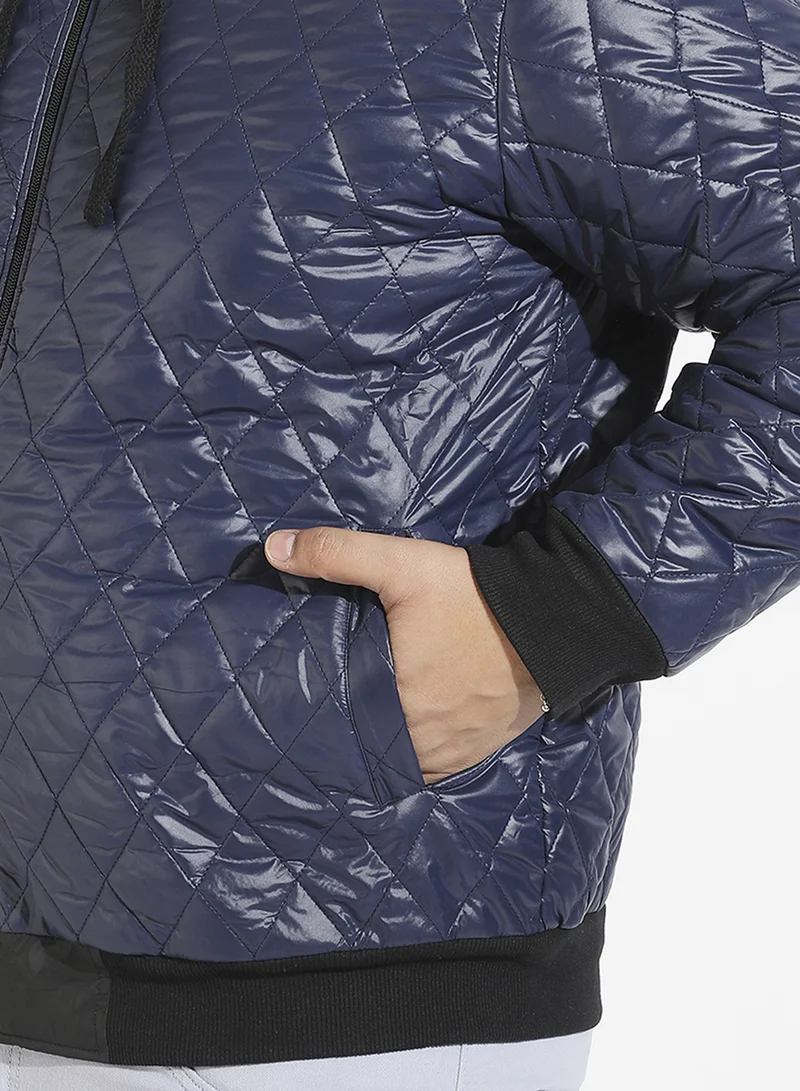 Instafab Plus Instafab Plus Men's Blue Quilted Puffer Jacket With Zip-Closure For Casual Wear | Hooded Neck | Long Sleeve | Zipper Closure | Polyester Jacket Crafted With Comfort Fit For Everyday Wear