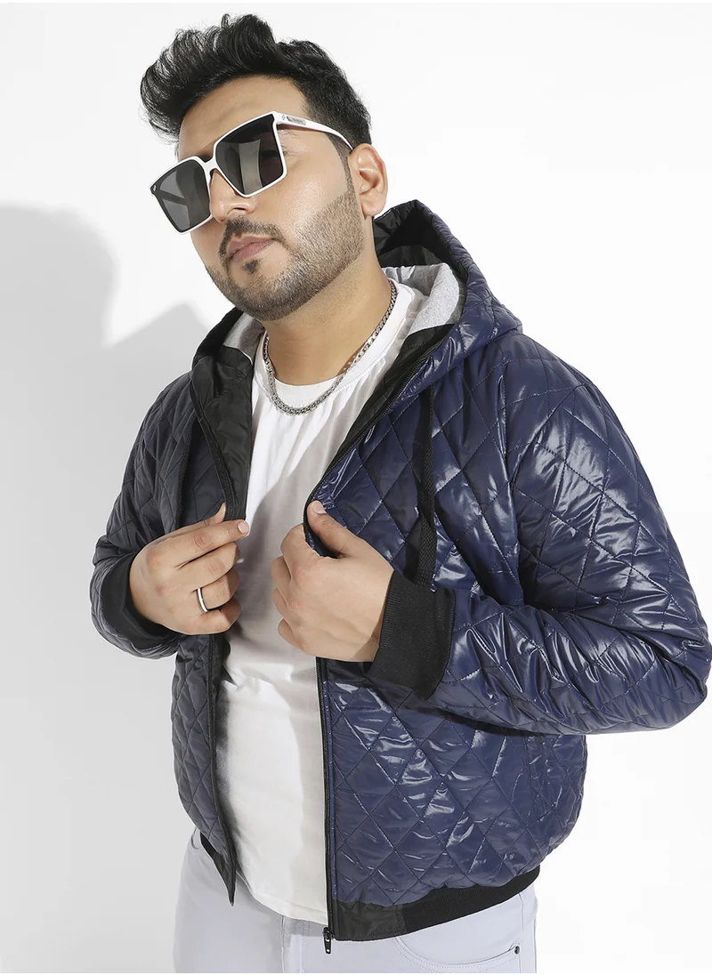 Instafab Plus Instafab Plus Men's Blue Quilted Puffer Jacket With Zip-Closure For Casual Wear | Hooded Neck | Long Sleeve | Zipper Closure | Polyester Jacket Crafted With Comfort Fit For Everyday Wear