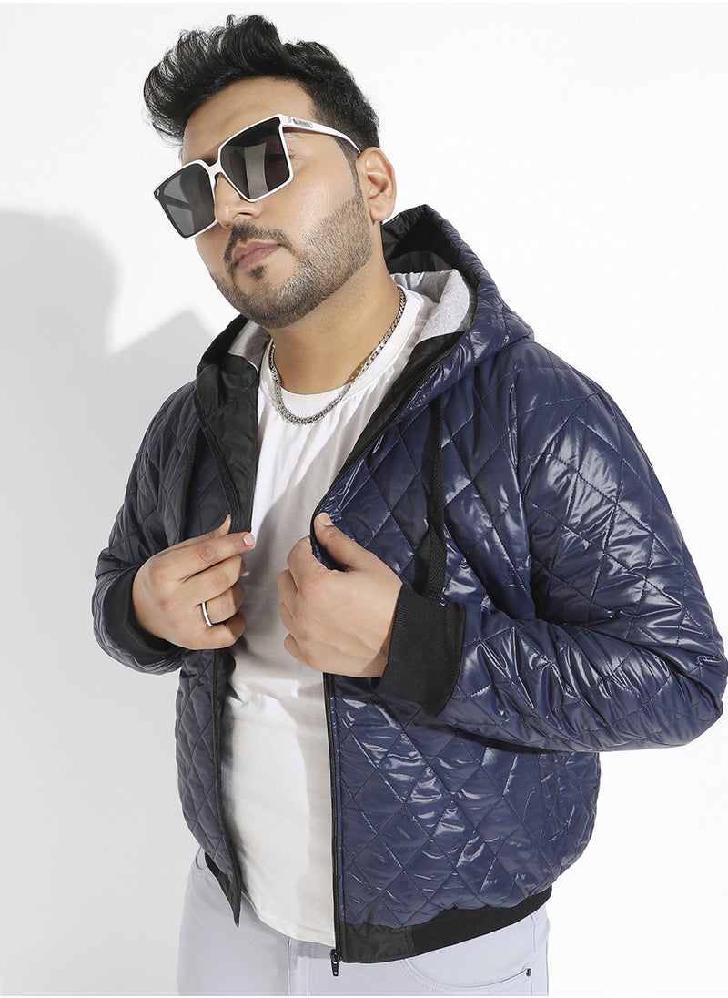 Instafab Plus Instafab Plus Men's Blue Quilted Puffer Jacket With Zip-Closure For Casual Wear | Hooded Neck | Long Sleeve | Zipper Closure | Polyester Jacket Crafted With Comfort Fit For Everyday Wear  - Image 1