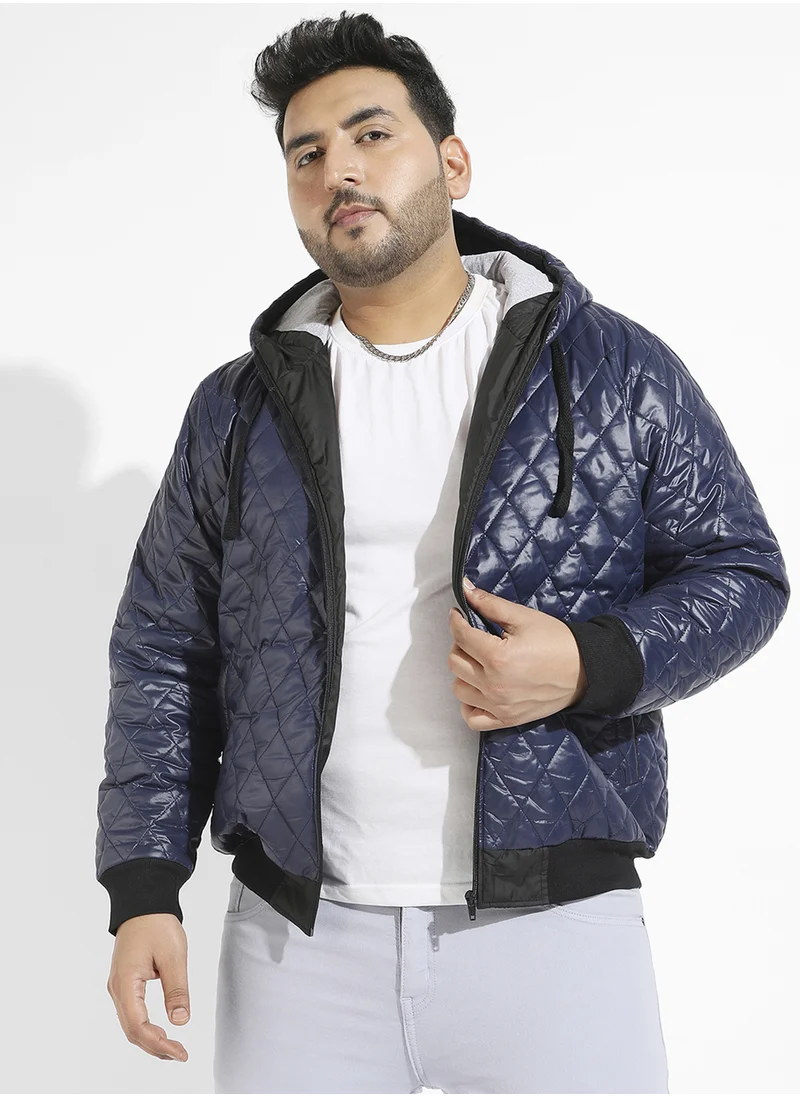 Instafab Plus Instafab Plus Men's Blue Quilted Puffer Jacket With Zip-Closure For Casual Wear | Hooded Neck | Long Sleeve | Zipper Closure | Polyester Jacket Crafted With Comfort Fit For Everyday Wear