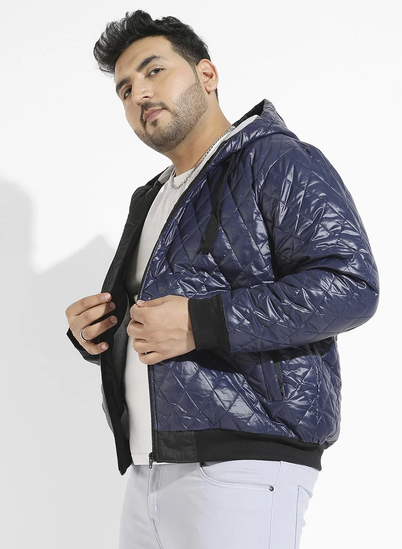 Instafab Plus Instafab Plus Men's Blue Quilted Puffer Jacket With Zip-Closure For Casual Wear | Hooded Neck | Long Sleeve | Zipper Closure | Polyester Jacket Crafted With Comfort Fit For Everyday Wear