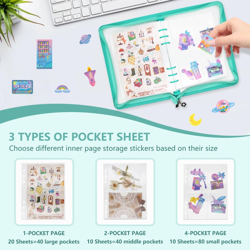 Ruatu Sticker Organizer Binder Sticker Storage Album A5 Sticker Book Collecting Album for Collecting Sticker Reusable Sticker Keeper Holder Book for Adult with Pockets and Zipper (Cyan) - Image 3