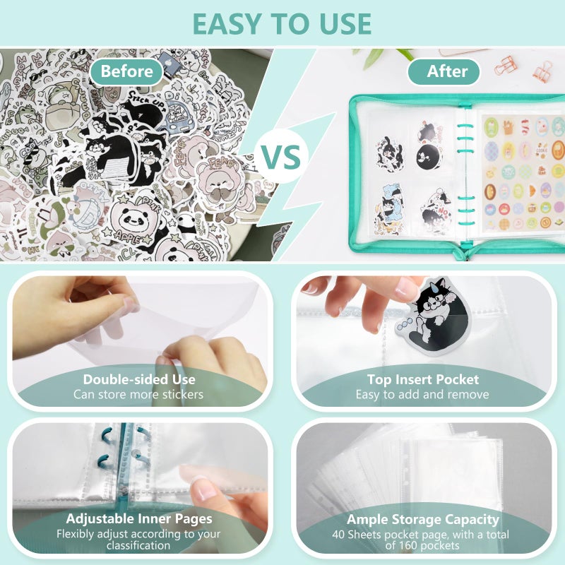 Ruatu Sticker Organizer Binder Sticker Storage Album A5 Sticker Book Collecting Album for Collecting Sticker Reusable Sticker Keeper Holder Book for Adult with Pockets and Zipper (Cyan) - Image 4