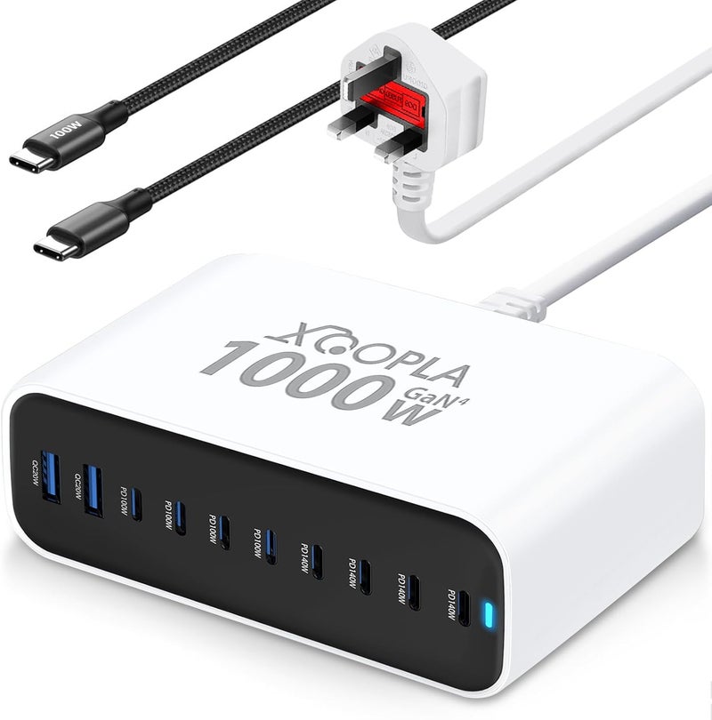 اكسوبلا محطة شحن 1000 واط 140 واط 10 منافذ شاحن USB سريع من نوع GaN أبيض | كابل 100 واط مجاني مع 10 منافذ 8 USB-C (4×140 واط + 4×100 واط) و 2 USB-A (2×20 واط) لأجهزة Galaxy و iPhone و Xiaomi و Huawei و MacBook و iPad - Image 1
