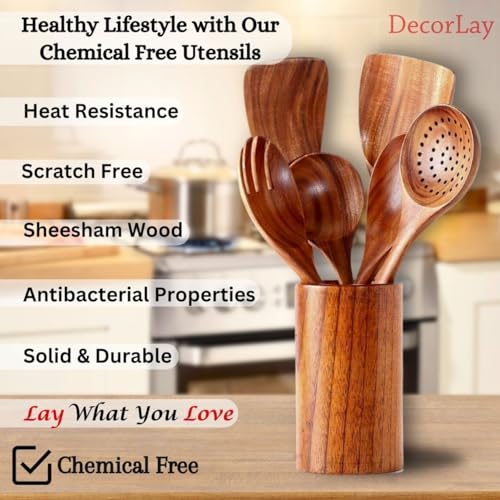 Decorlay Natural Handmade Wooden Spoon Set for Cooking, Serving & Kitchen Utensils - Spatula, Non-Stick Spoons | Set of 6 & 1 Jar - 30.48 Cm - Image 3