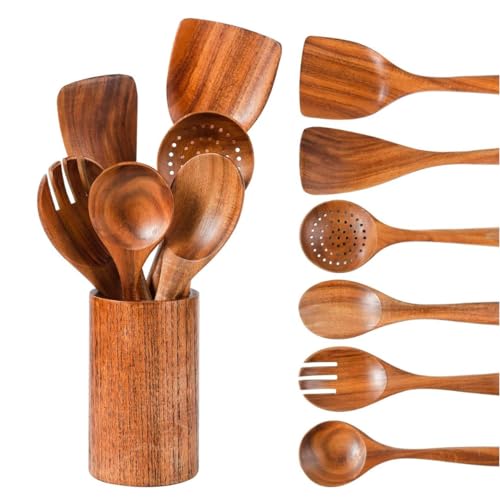 Decorlay Natural Handmade Wooden Spoon Set for Cooking, Serving & Kitchen Utensils - Spatula, Non-Stick Spoons | Set of 6 & 1 Jar - 30.48 Cm - Image 1