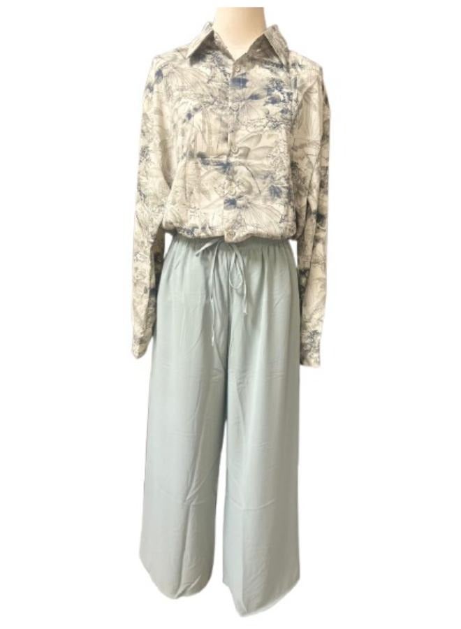 Women's 2pc Set Cotton Linen Clothes Wide Leg Pants and Long Sleeve Tops Fit Medium-Large - Image 1