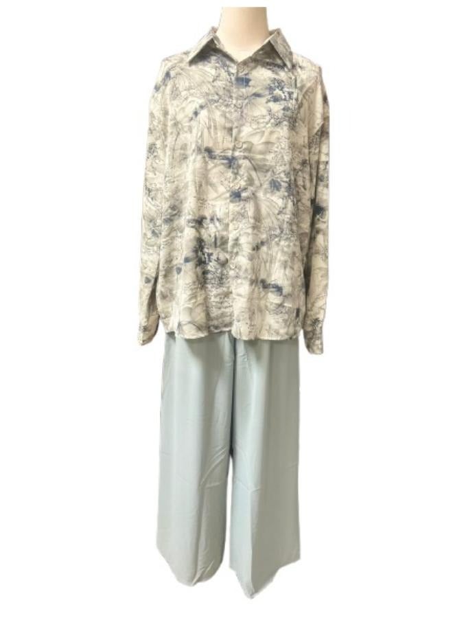 Women's 2pc Set Cotton Linen Clothes Wide Leg Pants and Long Sleeve Tops Fit Medium-Large - Image 4